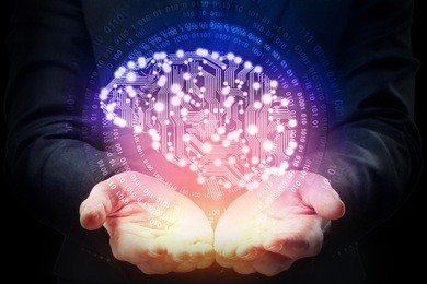 businessman hands holding abstract circuit brain on dark background. artificial intelligence concept 