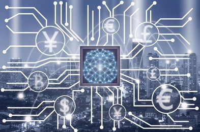 abstract photo of fintech connection and artificial intelligence of brain technology over the cityscape background,showing the cryptocurrency or digital money,fintech and ai concept