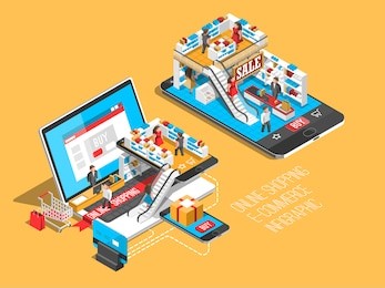 online shopping isometric shadow illustration with mobile phone, laptop, stores orders isolated vector illustration