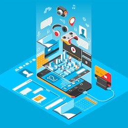 isometric smart phone interface. screen with different apps and icons. map on mobile application. 3d vector illustration.