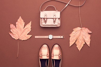 autumn arrives. fall fashion glamour lady look.trendy rose gold handbag clutch. flat lay. stylish glamour shoes. vintage concept. minimal