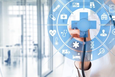 health care and medical services concept with circular ar interface and female doctor using stethoscope