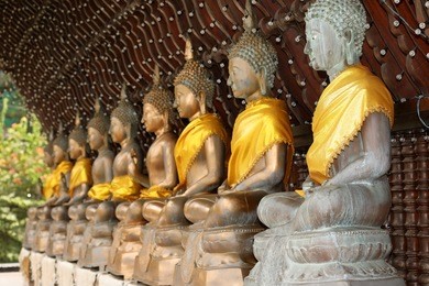 buddha figures in the seema malaka temple of colombo in sri lanka