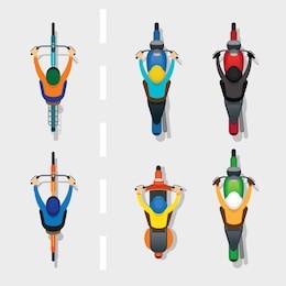 people on motorcycles and bicycles top or above view, on the road, automobile and transportation