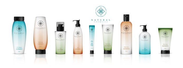 realistic cosmetic bottles with gradient design on white background. cosmetic cream containers and tubes for cream, lotion, shampoo, gel, balsam, conditioner, spray. 3d vector illustration