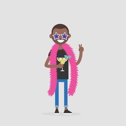 creative industry. show business. party concept. young cheerful character wearing bright accessories and drinking a cocktail. flat editable vector illustration, clip art