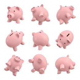 3d rendering of many piggy banks in different views from their sides, tops and bottoms. money saving tip. good investment. personal finance tool.