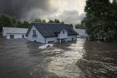 flooding houses with rising water. 3d rendering