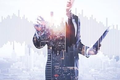 businessman with document in hand drawing abstract business chart bars on bright city background. trade concept. double exposure 