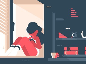 girl reads book in room sitting on windowsill. vector illustration