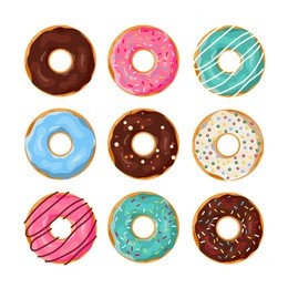 set of cartoon colorful donuts isolated on white background. top view doughnuts collection into glaze for menu design, cafe decoration, delivery box. vector illustration in flat style