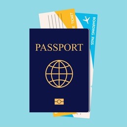 illustration of passport with two tickets isolated on a white background.