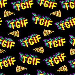 seamless pattern with patches, stickers, badges, pins with pink words "tgif" (the acronym for "thank god it's friday") and pizza slices. cartoon comic style of 80-90s.
black background.