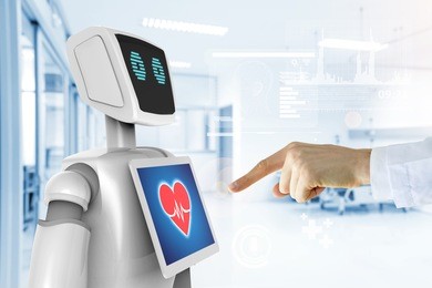 robotic advisor service technology in healthcare smart hospital , artificial intelligence concept. doctor finger point to 3d rendering robot and graphics.blue tone image.