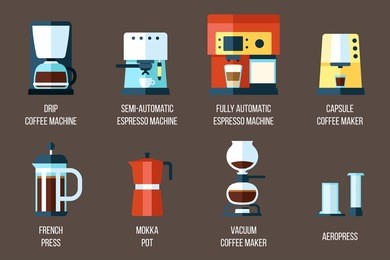 vector set of various coffee makers and coffee machines. flat style.