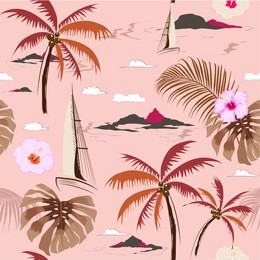 beautiful seamless island pattern on pink  background. landscape with palm trees,beach and ocean vector hand drawn style.