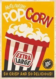 popcorn retro poster design template. food and snacks vintage print layout.