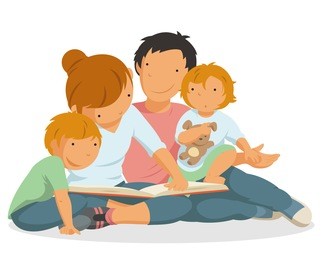 family reading a book, mother, father and children, parenting, flat vector illustration.