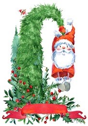 cute santa claus. watercolor christmas floral border. invitation design. winter holidays background.