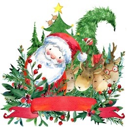 cute santa claus. cartoon reindeer illustration. watercolor christmas floral border. invitation design. winter holidays background.