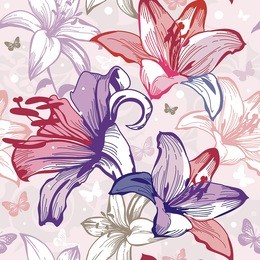 seamless pattern with lily and butterflies on white background, vector illustration