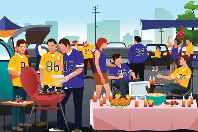 a vector illustration of american football fans having a tailgate party
