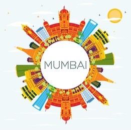 mumbai india skyline with color buildings, blue sky and copy space. vector illustration. business travel and tourism concept with historic architecture.