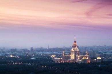 moscow state university at evening during sunset in moscow, russia