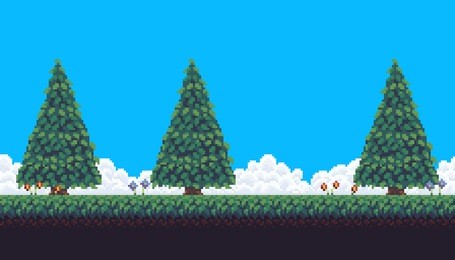 pixel art seamless summer background with many spruce trees