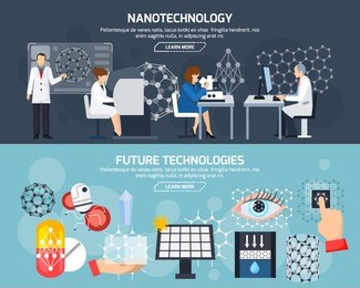 horizontal banners with scientists and equipment, nanotechnology and devices, materials and medicine of future isolated vector illustration  