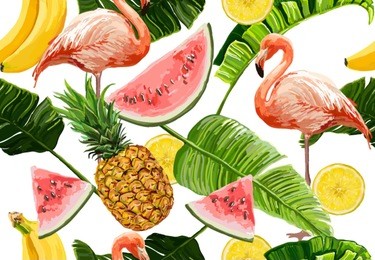 seamless vector tropical  summer pattern with pink flamingo,  banana leaves,  pineapple, watermelon and lemon slices, banana.  perfect for wallpapers, web page backgrounds, surface textures, textile.