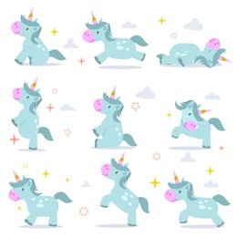 vector illustration of pretty unicorns icons isolated on white background. unicorn for kids birthday card or party invitation.