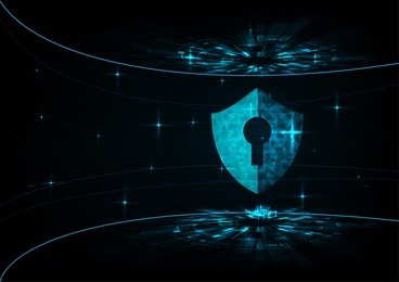 internet technology cyber security concept with diamond shield  keyhole icon on blue abstract background. 