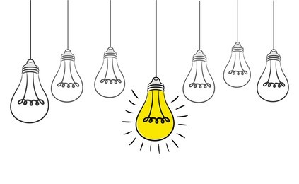 vector grunge illustration with hanging light bulbs and place for text. modern hipster sketch style. unique idea and creative thinking concept.