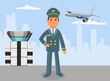 airplane pilot in uniform. airplane, air flight airport control tower , city background.
 vector illustration. aviation themed. air transport
