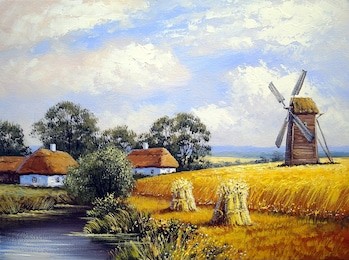beautiful landscape. mill, wheat field, village. oil paintings. fine art.