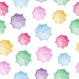 seamless pattern with many colorful watercolor umbrellas, hand painted illustration, autumn or spring seasonal background, good for web backdrop, wallpaper, poster, card, textile print, cute image.