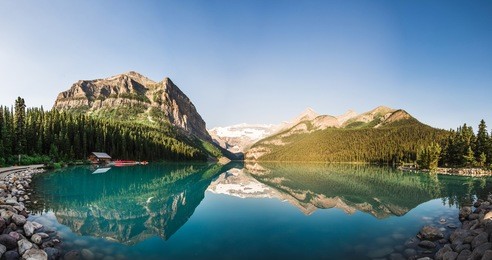 lake louise panorama in banff national park, alberta, canada