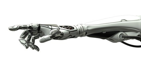 futuristic design robotic mechanical arm pointing with index finger like a human hand. cybernetic organism with artificial intelligence in virtual world. isolated on white flat background.3d rendering