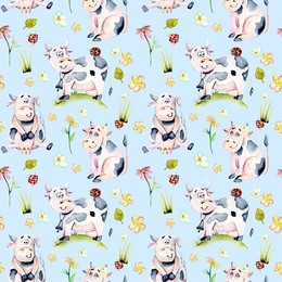 seamless pattern with watercolor cute cartoon cows, ladybugs and simple flowers illustrations, hand drawn isolated on a blue background