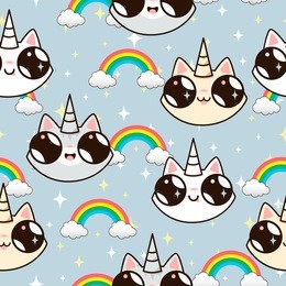 cats unicorns and a rainbow. unicorn cats on a blue background. seamless texture