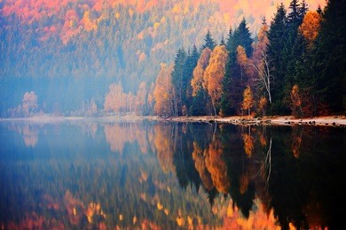 autumn landscape in the mountains with trees reflecting in the water at st. ana's lake, romania