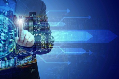 businessman touching on virtual screen with digital technology layer effect