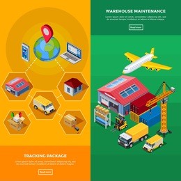 warehouse isometric banners with stages of tracking package and elements of warehouse maintenance isolated  illustration