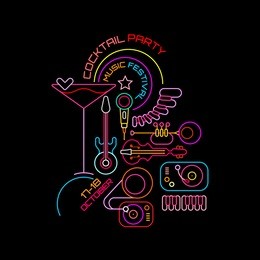 neon colors on a black background music festival and cocktail party vector illustration. line art poster template design.