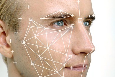 machine learning systems technology , accurate facial recognition biometric technology and artificial intelligence concept. man face and dots connect on face.