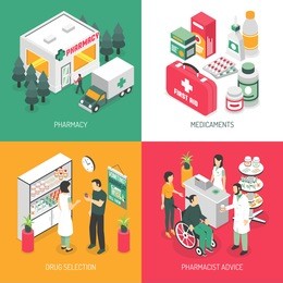 pharmacy isometric 4 icons square with druggist advise on prescribed medication and ambulance service isolated  illustration 