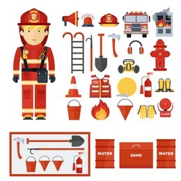 set of fire equipment. vector fire man tools . flat cartoon fire equipment objects isolated on white background. fire safety objects.