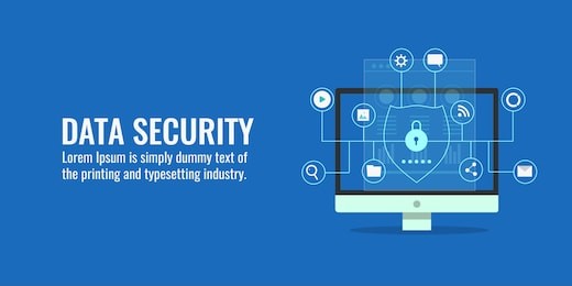 data security, protection, management, server, access flat design concept vector banner with icons isolated on blue background