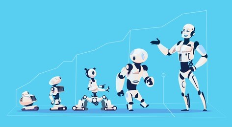 modern robots group, futuristic artificial intelligence mechanism technology flat vector illustration